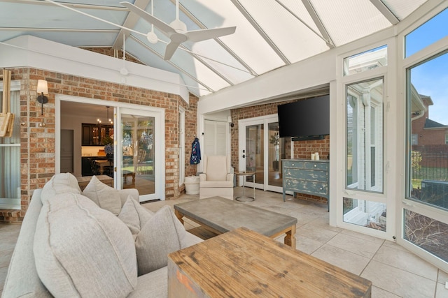 2931 Longford Dr, Murfreesboro, TN 37129 - sunroom with brick wall, tile patterned floors, and ceiling fan