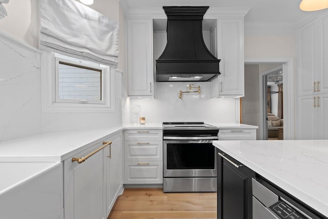 2931 Longford Dr, Murfreesboro, TN 37129 - kitchen featuring light wood-style flooring, custom exhaust hood, white cabinetry, and electric stove