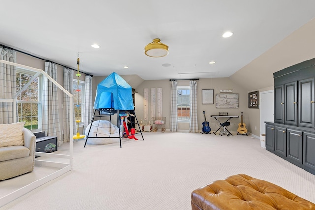 2931 Longford Dr, Murfreesboro, TN 37129 - rec room with lofted ceiling, baseboards, carpet flooring, and recessed lighting
