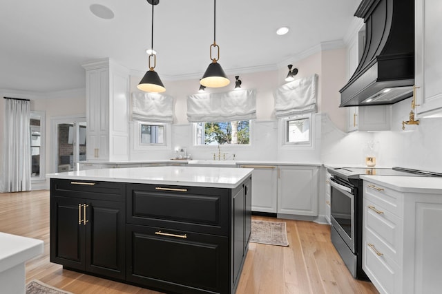 2931 Longford Dr, Murfreesboro, TN 37129 - kitchen with custom exhaust hood, a sink, stainless steel electric stove, light countertops, and dark cabinets