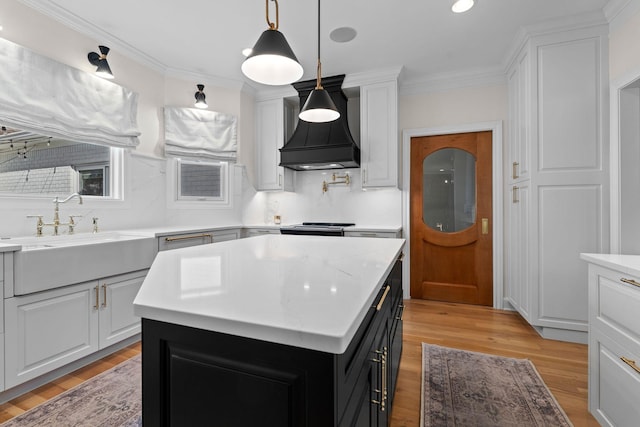 2931 Longford Dr, Murfreesboro, TN 37129 - kitchen with light wood finished floors, custom exhaust hood, a sink, and white cabinets