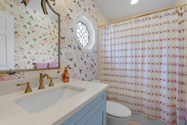 2931 Longford Dr, Murfreesboro, TN 37129 - bathroom with wallpapered walls, toilet, vanity, and a shower with curtain