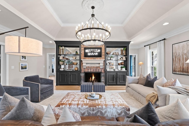 2931 Longford Dr, Murfreesboro, TN 37129 - living area with a chandelier, a raised ceiling, light wood-style floors, and ornamental molding