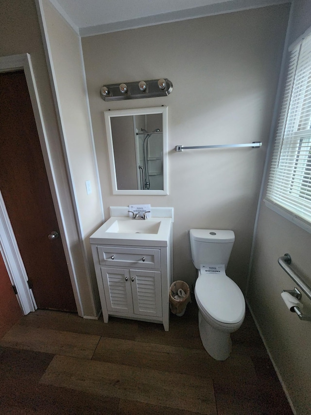 bathroom featuring walk in shower, toilet, and vanity
