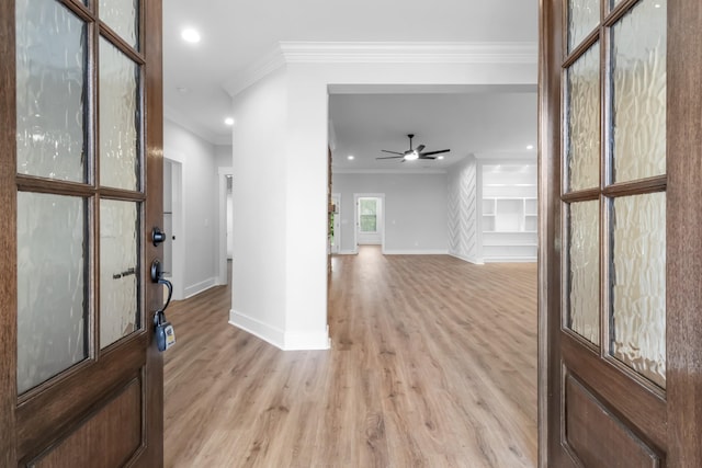 1048 Veridian Dr B, Clarksville, TN 37043 - foyer featuring a ceiling fan, light wood-style floors, baseboards, ornamental molding, and recessed lighting