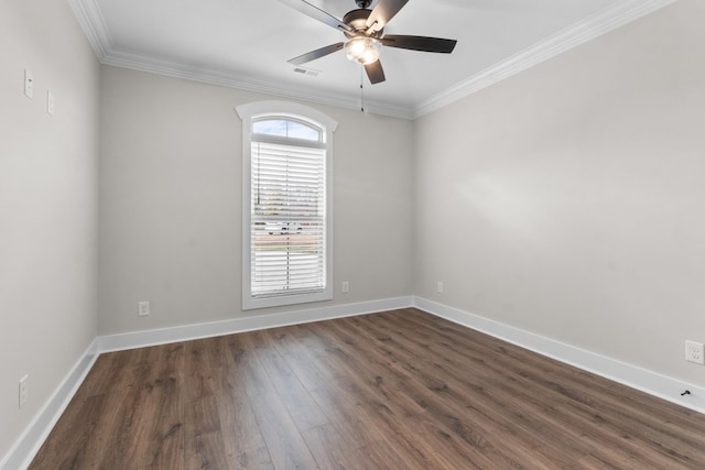 1048 Veridian Dr B, Clarksville, TN 37043 - empty room with dark wood finished floors, visible vents, a ceiling fan, crown molding, and baseboards