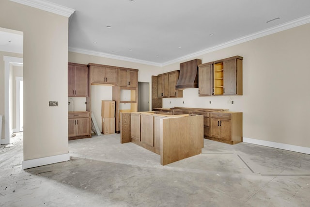 1048 Veridian Dr B, Clarksville, TN 37043 - kitchen with custom range hood, a center island, ornamental molding, open shelves, and brown cabinets