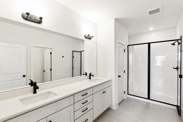 full bathroom with a shower stall, a sink, and visible vents