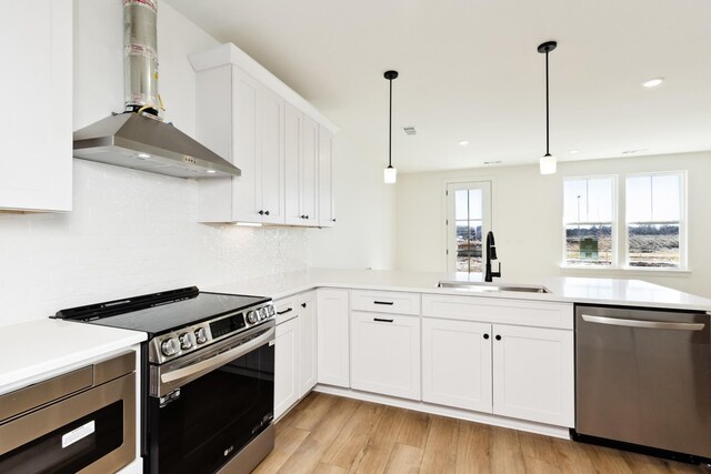 kitchen with wall chimney range hood, white cabinetry, stainless steel appliances, and a sink