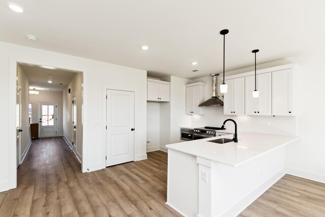 kitchen featuring baseboards, a sink, light wood-type flooring, and exhaust hood