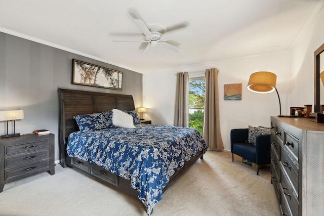 bedroom with a ceiling fan, light carpet, crown molding, and baseboards