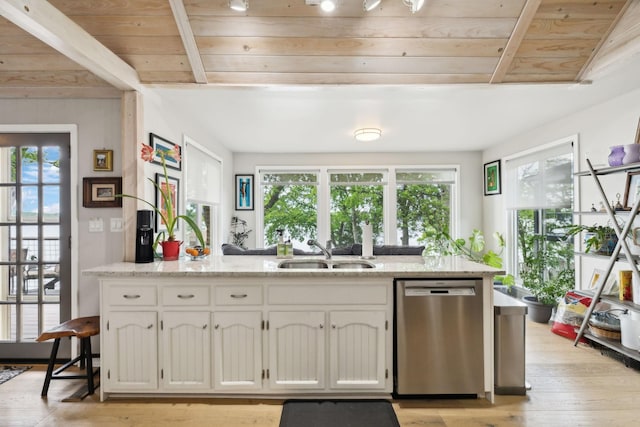 kitchen featuring light wood-style floors, a wealth of natural light, stainless steel dishwasher, and a sink
