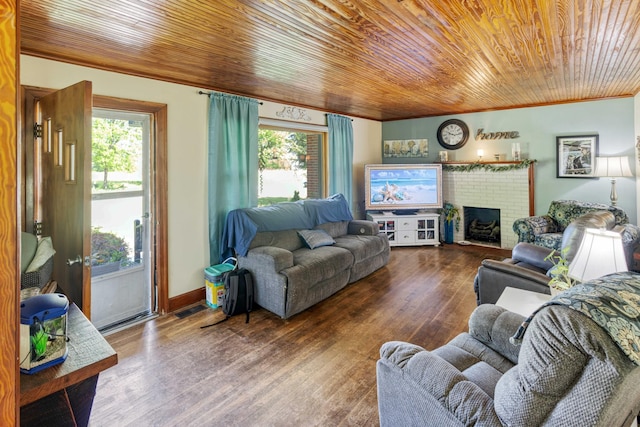living room with plenty of natural light, wooden ceiling, wood finished floors, and ornamental molding