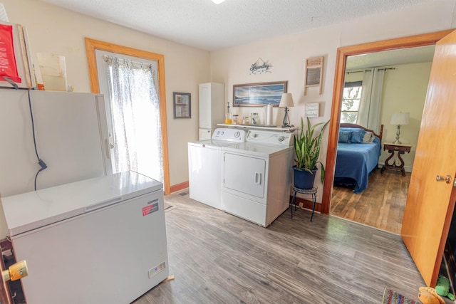 laundry room featuring a healthy amount of sunlight, wood finished floors, washer and clothes dryer, and laundry area