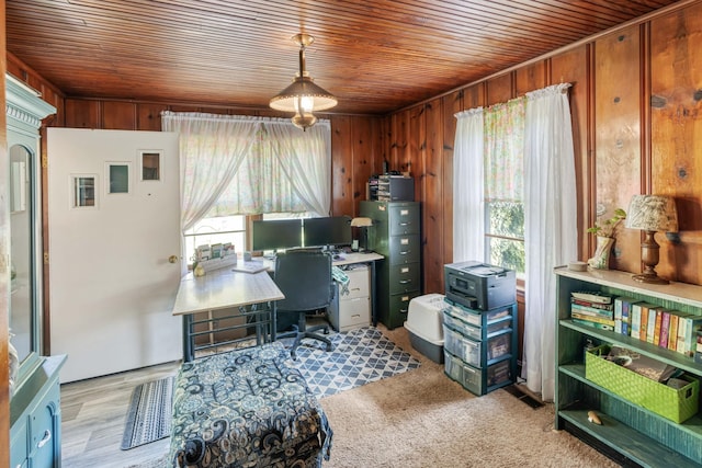 office area with wood ceiling and wooden walls