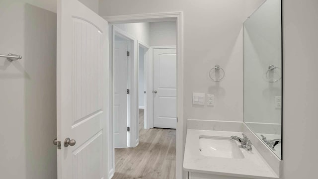 bathroom with wood finished floors and vanity