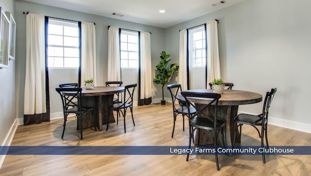 dining space with baseboards, light wood finished floors, visible vents, and recessed lighting