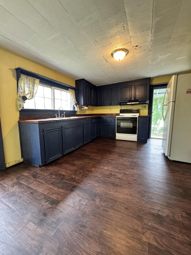 kitchen featuring freestanding refrigerator, range with electric stovetop, a sink, and dark wood-style floors