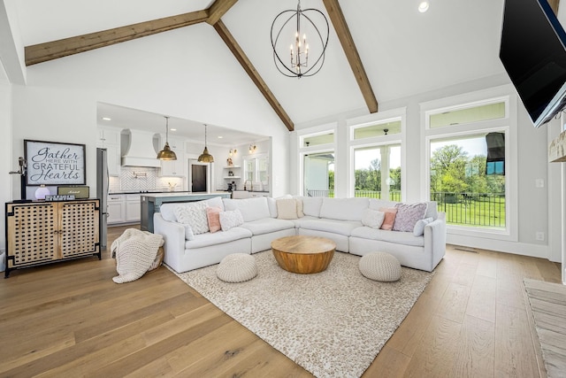 2040 Cairo Bend Rd, Lebanon, TN 37087 - living area with beam ceiling, high vaulted ceiling, wood finished floors, and a notable chandelier