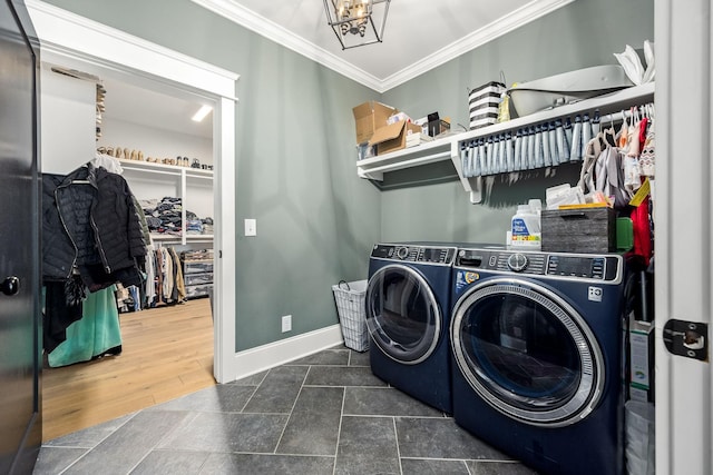 2040 Cairo Bend Rd, Lebanon, TN 37087 - washroom with crown molding, washing machine and clothes dryer, laundry area, and baseboards