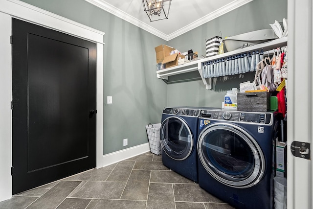 2040 Cairo Bend Rd, Lebanon, TN 37087 - laundry room featuring washing machine and clothes dryer, crown molding, stone finish flooring, baseboards, and laundry area