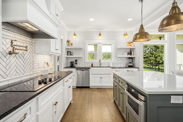 2040 Cairo Bend Rd, Lebanon, TN 37087 - kitchen with custom exhaust hood, a sink, open shelves, and stainless steel appliances