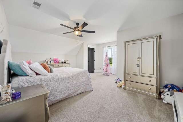2040 Cairo Bend Rd, Lebanon, TN 37087 - bedroom featuring light colored carpet, visible vents, ceiling fan, baseboards, and vaulted ceiling
