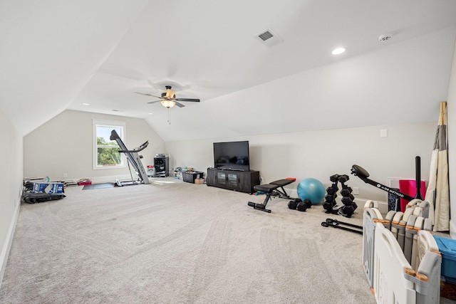 2040 Cairo Bend Rd, Lebanon, TN 37087 - exercise area with carpet floors, ceiling fan, baseboards, visible vents, and lofted ceiling
