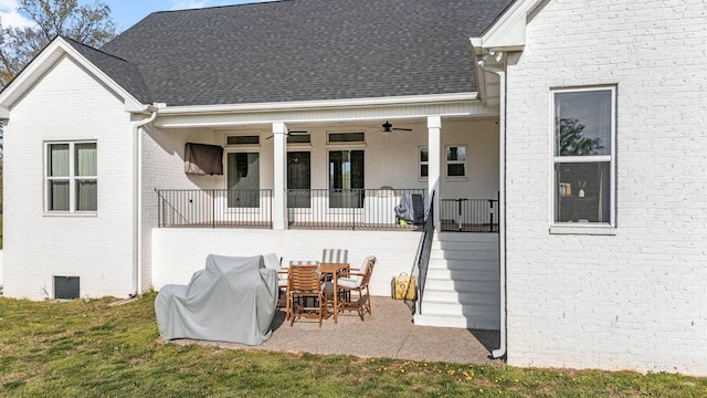 2040 Cairo Bend Rd, Lebanon, TN 37087 - back of house with a shingled roof, a patio area, a yard, ceiling fan, and brick siding