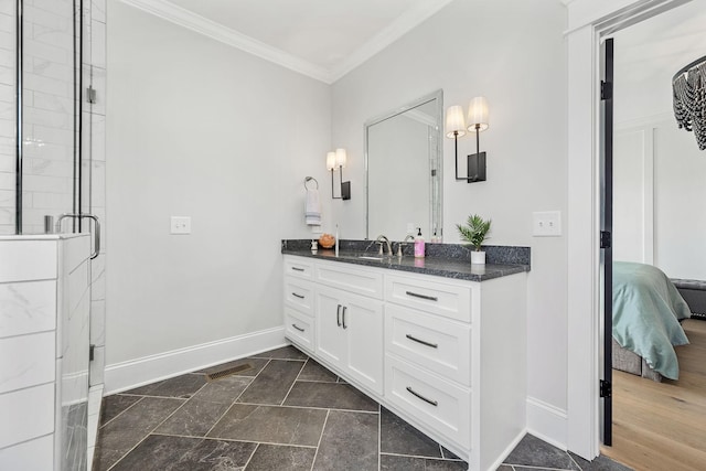 2040 Cairo Bend Rd, Lebanon, TN 37087 - full bathroom featuring connected bathroom, a shower stall, vanity, baseboards, and crown molding