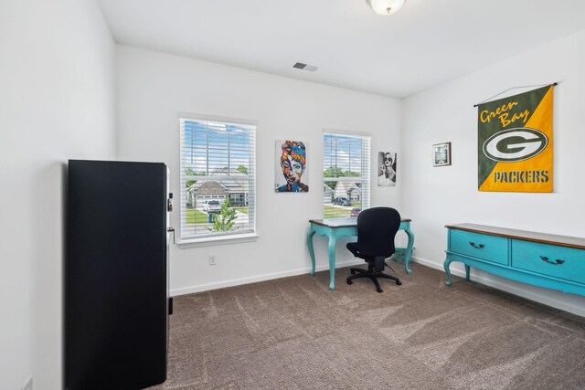 carpeted office space with visible vents and baseboards