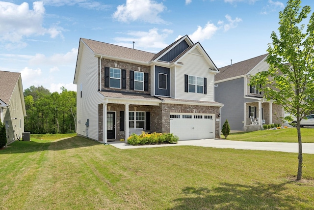 craftsman-style home with a garage, covered porch, a front lawn, and concrete driveway