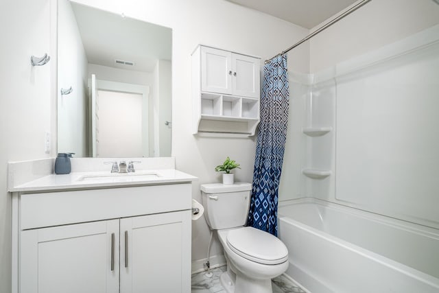 full bathroom featuring shower / bath combo, vanity, marble finish floor, toilet, and visible vents