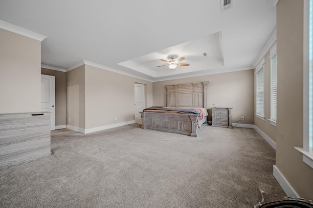 3032 Oxford Dr, Mount Juliet, TN 37122 - carpeted bedroom with a ceiling fan, a raised ceiling, baseboards, ornamental molding, and visible vents