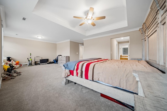 3032 Oxford Dr, Mount Juliet, TN 37122 - bedroom with crown molding, carpet flooring, a tray ceiling, and visible vents