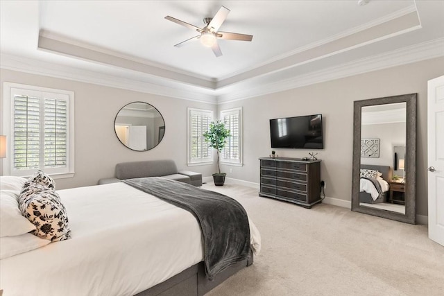 9502 Peebles Ct, Brentwood, TN 37027 - carpeted bedroom with ceiling fan, baseboards, ornamental molding, and a raised ceiling
