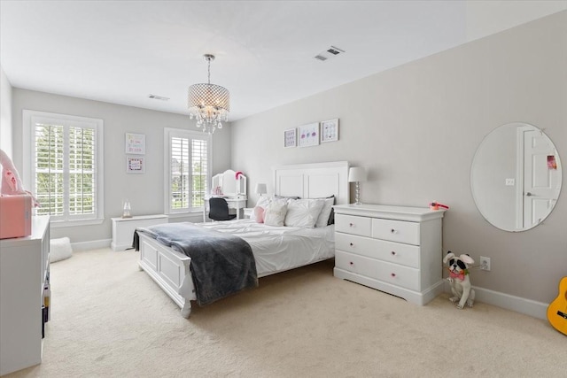 9502 Peebles Ct, Brentwood, TN 37027 - bedroom featuring light carpet, a notable chandelier, visible vents, and baseboards