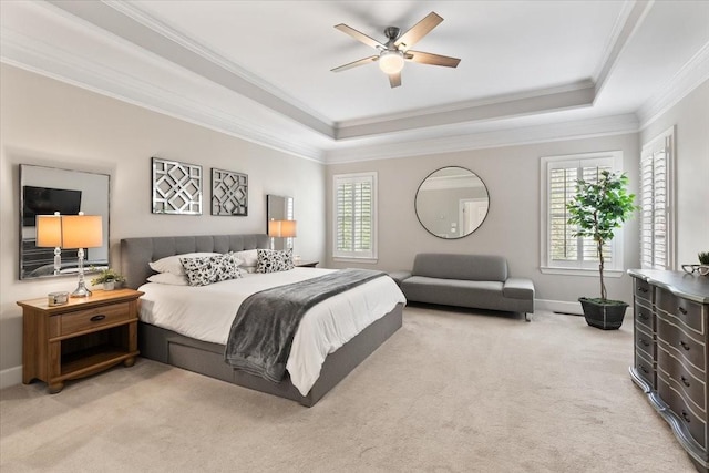 9502 Peebles Ct, Brentwood, TN 37027 - bedroom with light colored carpet, baseboards, ornamental molding, and a raised ceiling