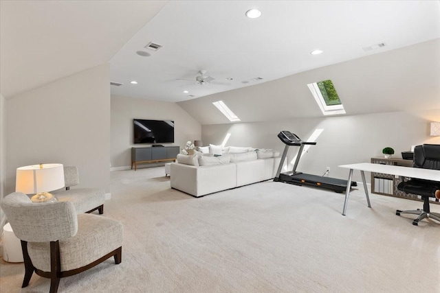 9502 Peebles Ct, Brentwood, TN 37027 - interior space featuring carpet flooring, visible vents, baseboards, recessed lighting, and vaulted ceiling with skylight