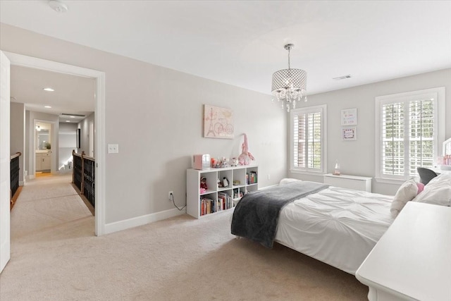 9502 Peebles Ct, Brentwood, TN 37027 - bedroom featuring light carpet, baseboards, a notable chandelier, and visible vents