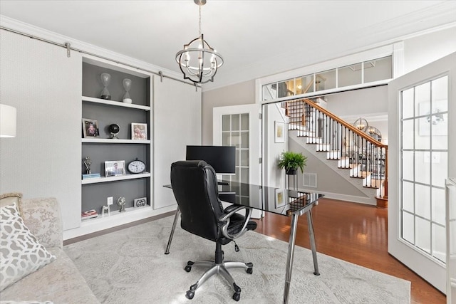 9502 Peebles Ct, Brentwood, TN 37027 - office space with an inviting chandelier, crown molding, wood finished floors, and visible vents