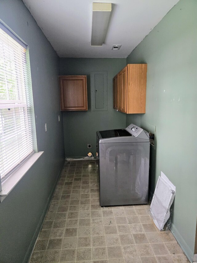300 Hardin Ave, Dickson, TN 37055 - laundry area with cabinet space, washer / dryer, baseboards, and electric panel
