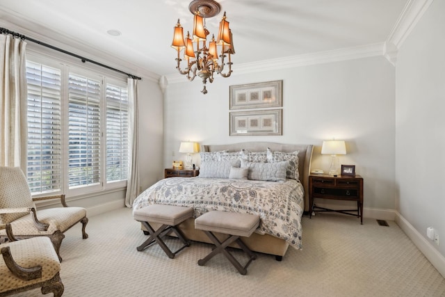 carpeted bedroom featuring visible vents, crown molding, baseboards, and a notable chandelier