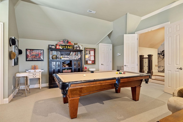 recreation room featuring light carpet, lofted ceiling, pool table, and baseboards