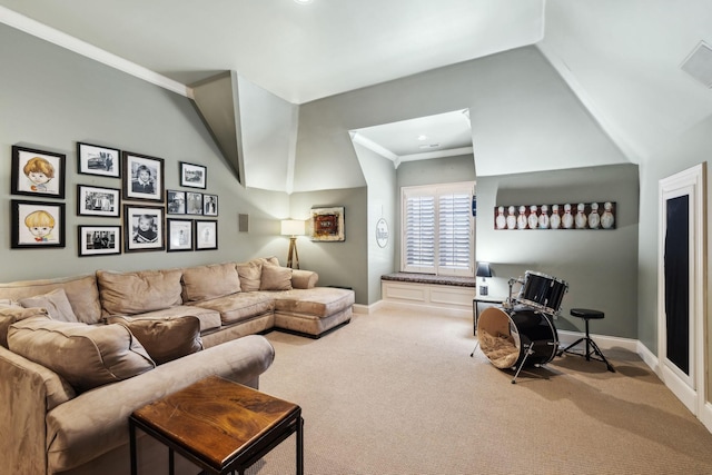 carpeted living area featuring ornamental molding, baseboards, lofted ceiling, and visible vents
