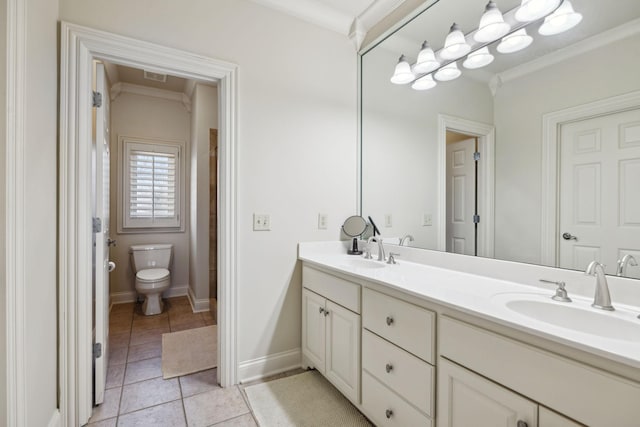 full bath featuring crown molding, tile patterned floors, toilet, and a sink