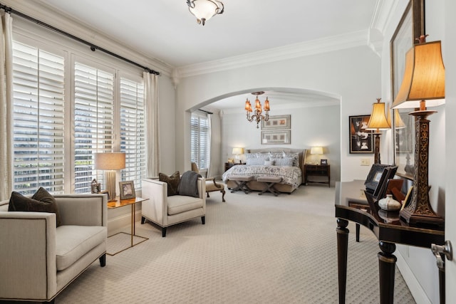 carpeted bedroom featuring arched walkways, a notable chandelier, and crown molding