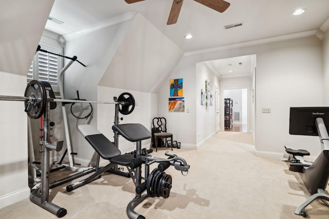 exercise room featuring recessed lighting, visible vents, a ceiling fan, and baseboards