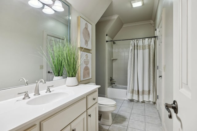 full bath with tile patterned floors, toilet, vanity, ornamental molding, and shower / tub combo with curtain