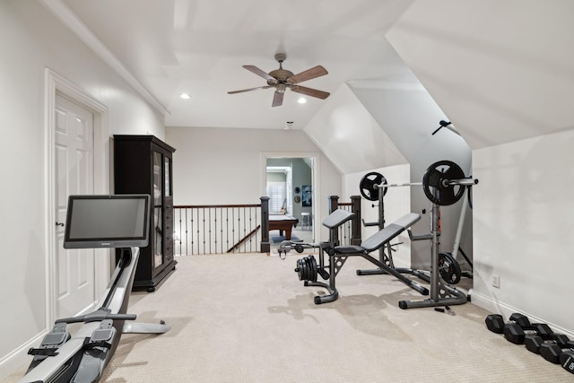 workout room featuring recessed lighting, vaulted ceiling, a ceiling fan, baseboards, and carpet flooring